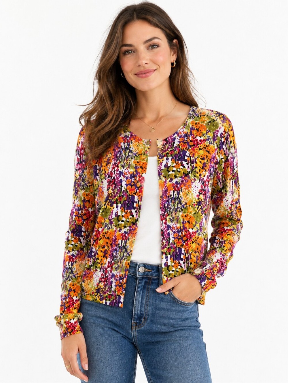 Cleo Floral Cardigan Sweater Medium Button Front Cotton Blend